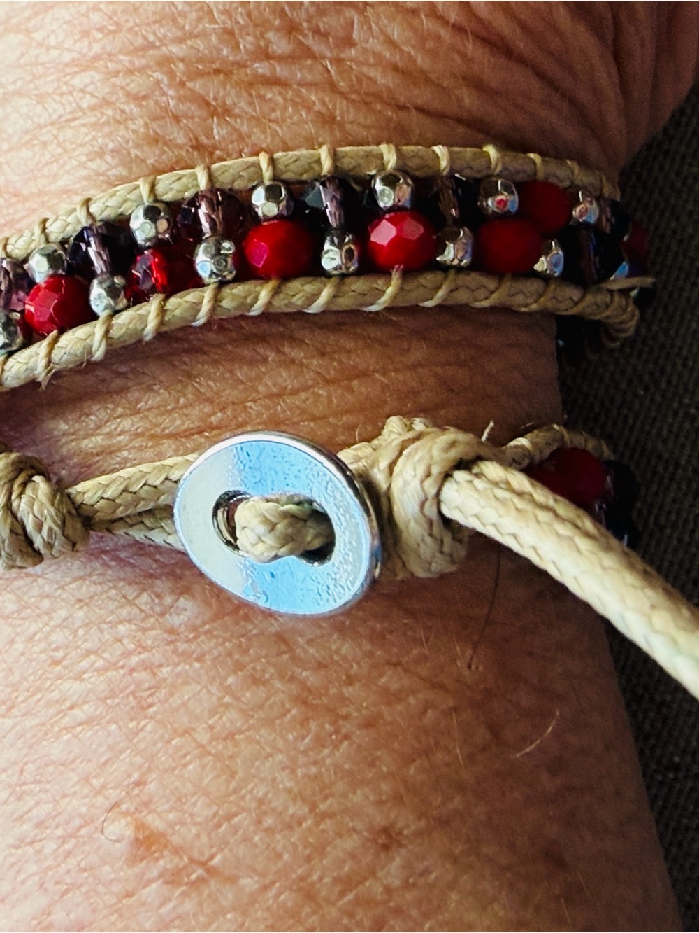 Red purple & silver 14” Beaded Wrap Bracelet with Beige Cord